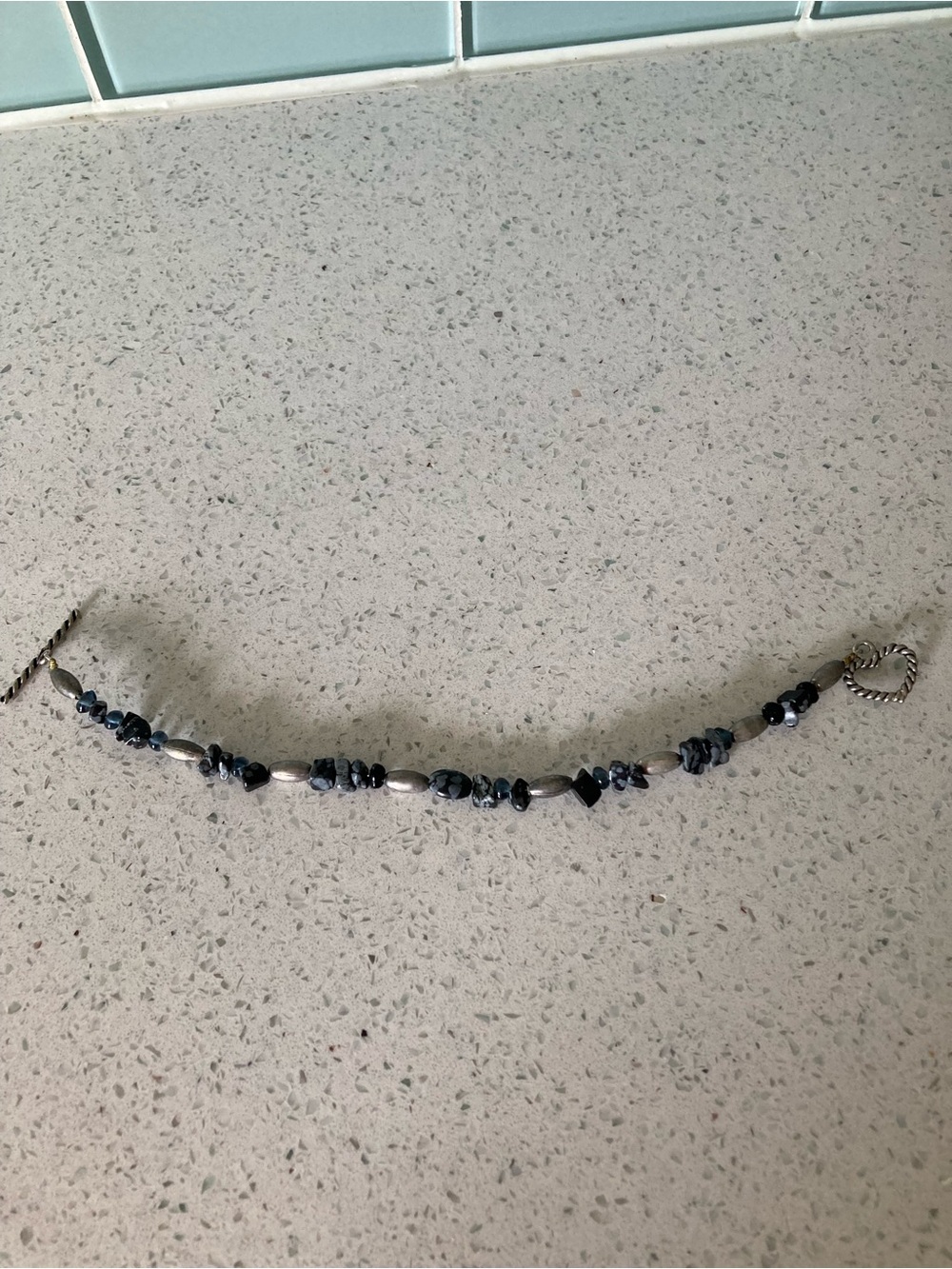 Women gray black spot Snowflake faux Obsidian metallic silver bead bracelet